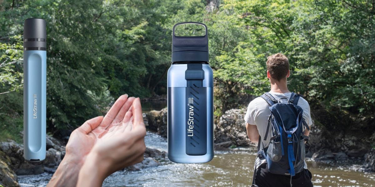 Best Water Straw Filters shown with LifeStraw, filtered bottle, and hiker collecting stream water outdoors.